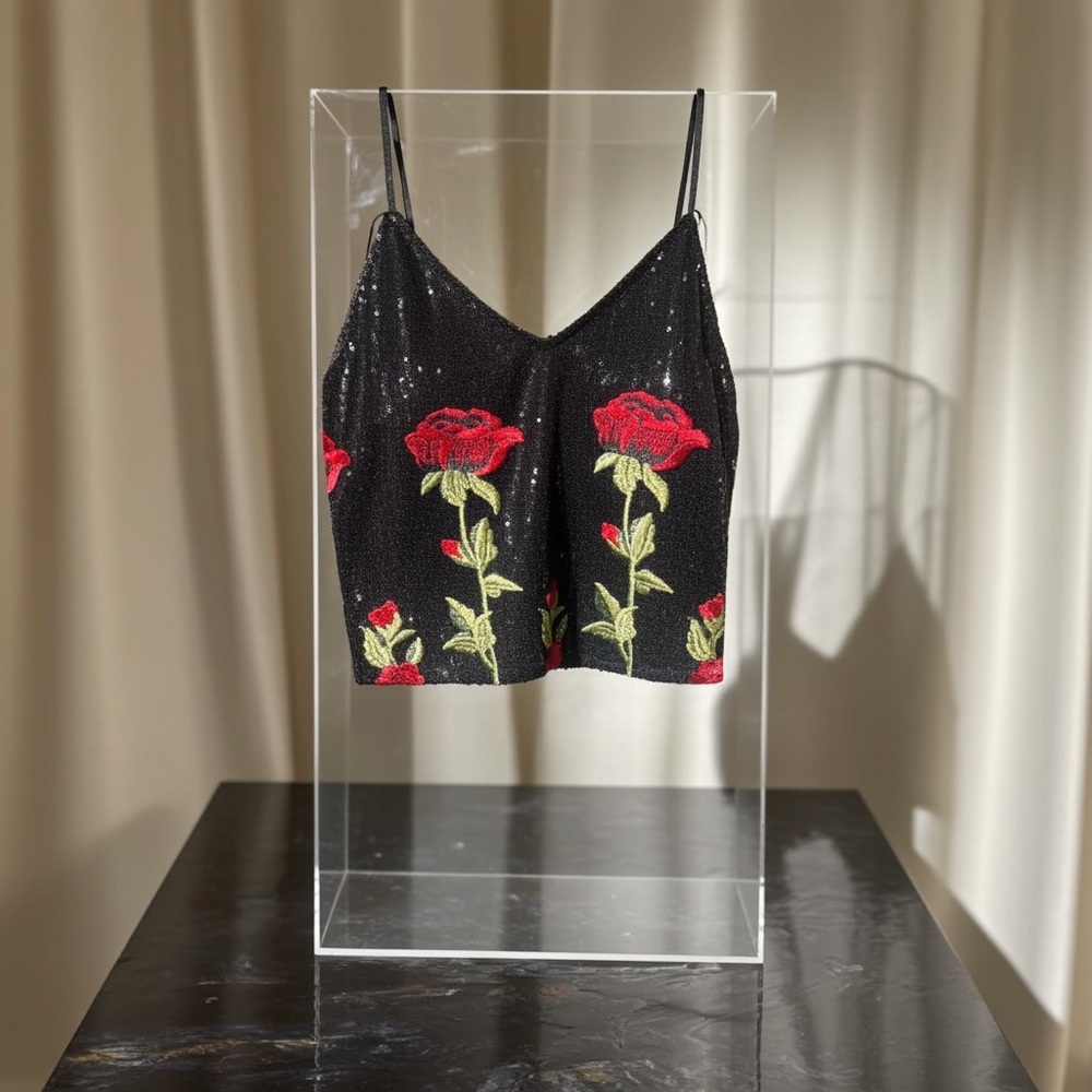 Black Sequin Rose Embroidered Camisole